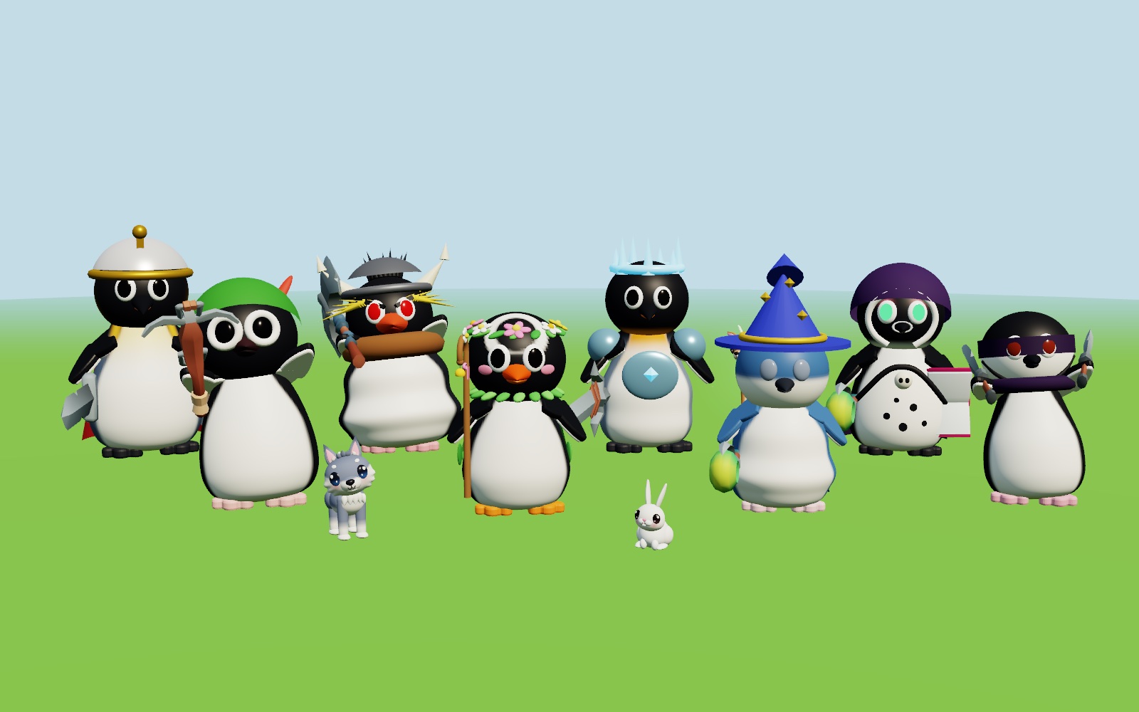 The eight penguin heroes of Penguin Quest, with a wolf pup and a bunny